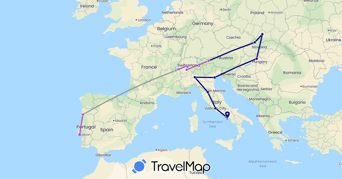 TravelMap itinerary: driving, plane, train in Austria, Switzerland, Hungary, Italy, Poland, Portugal, Slovakia (Europe)